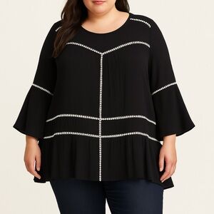 CIRANA Black Crochet Inset‎ Crinkle Blouse Size 3X Bell Sleeve Boho Relaxed Fit